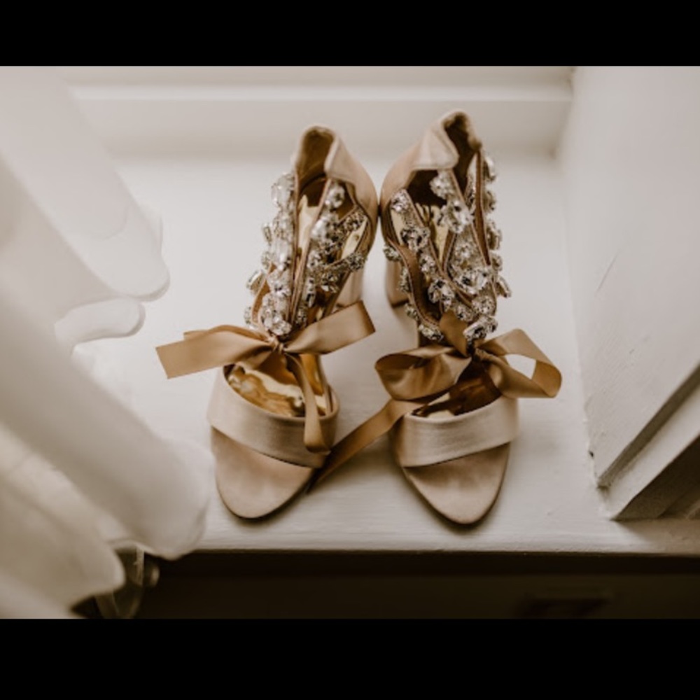 Wedding Shoes-Nude Block heel-satin and crystal with ribbon tie-Size 35